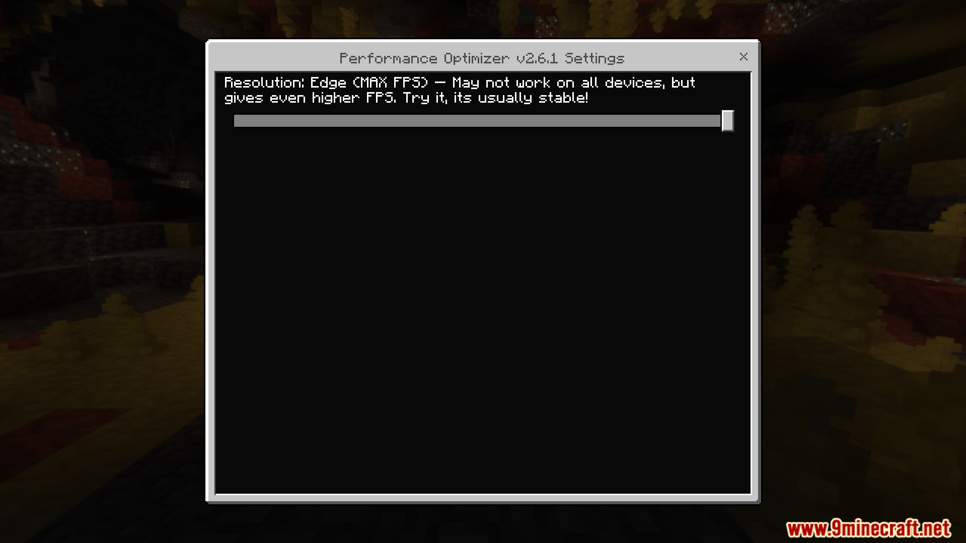 Addon settings menu with a slider to optimize resolution for higher frame rates