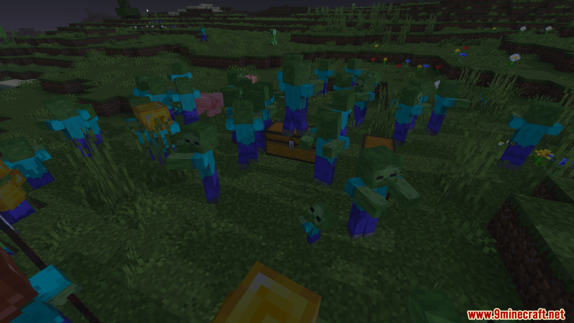 A large group of zombies surrounding a wooden chest in a grassy field