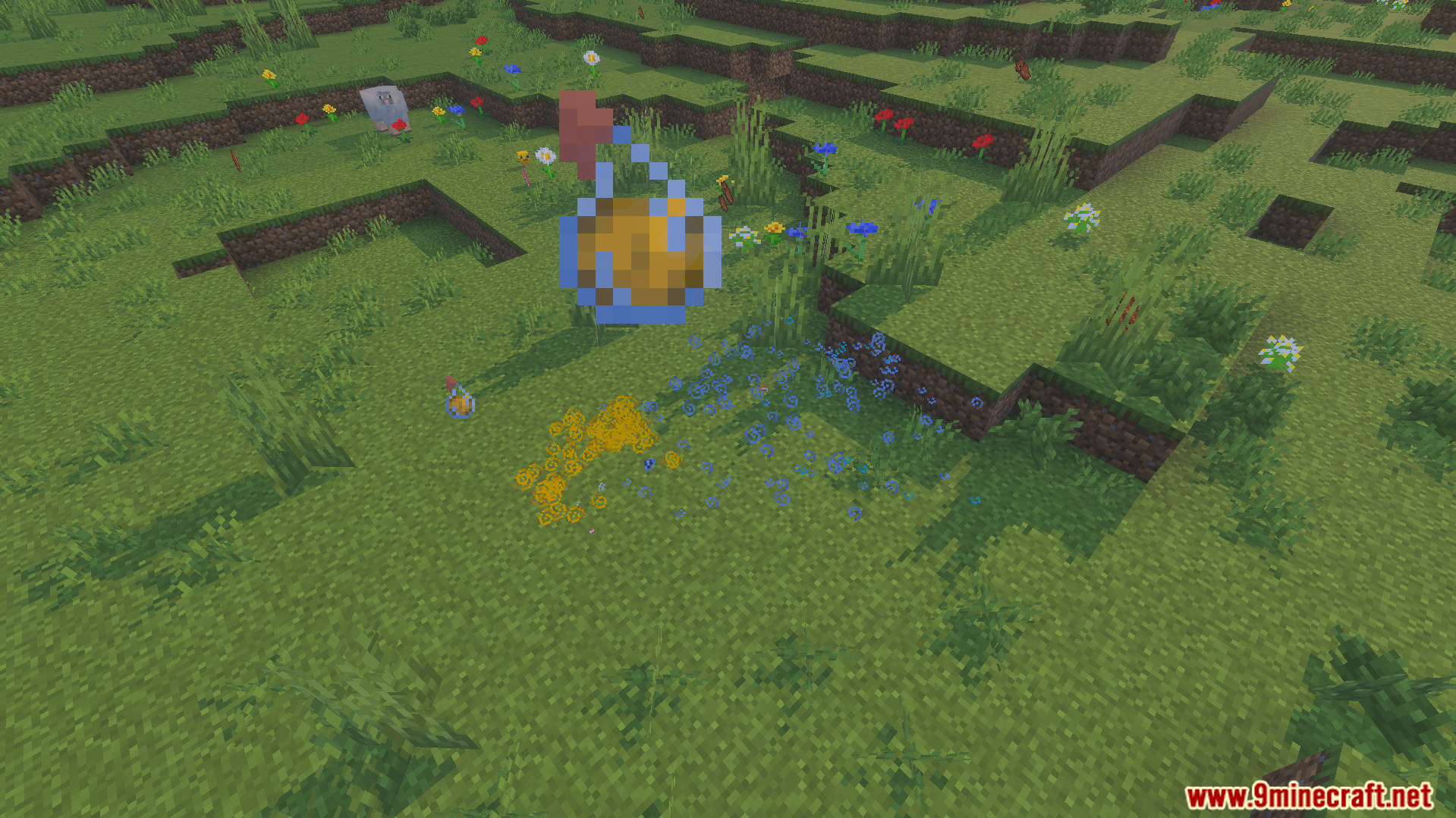 Reduced particle effects and dropped potion bottles on the grass field