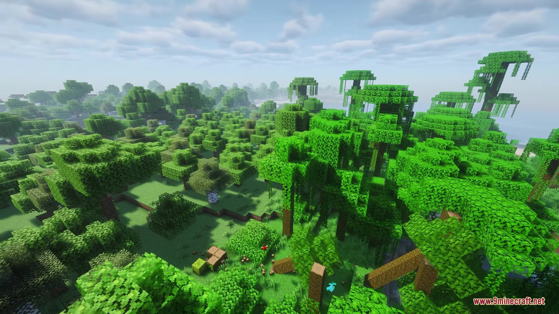 Physics Trees Mod Screenshot 2 Tree trunks and leaves falling to the ground after being chopped down