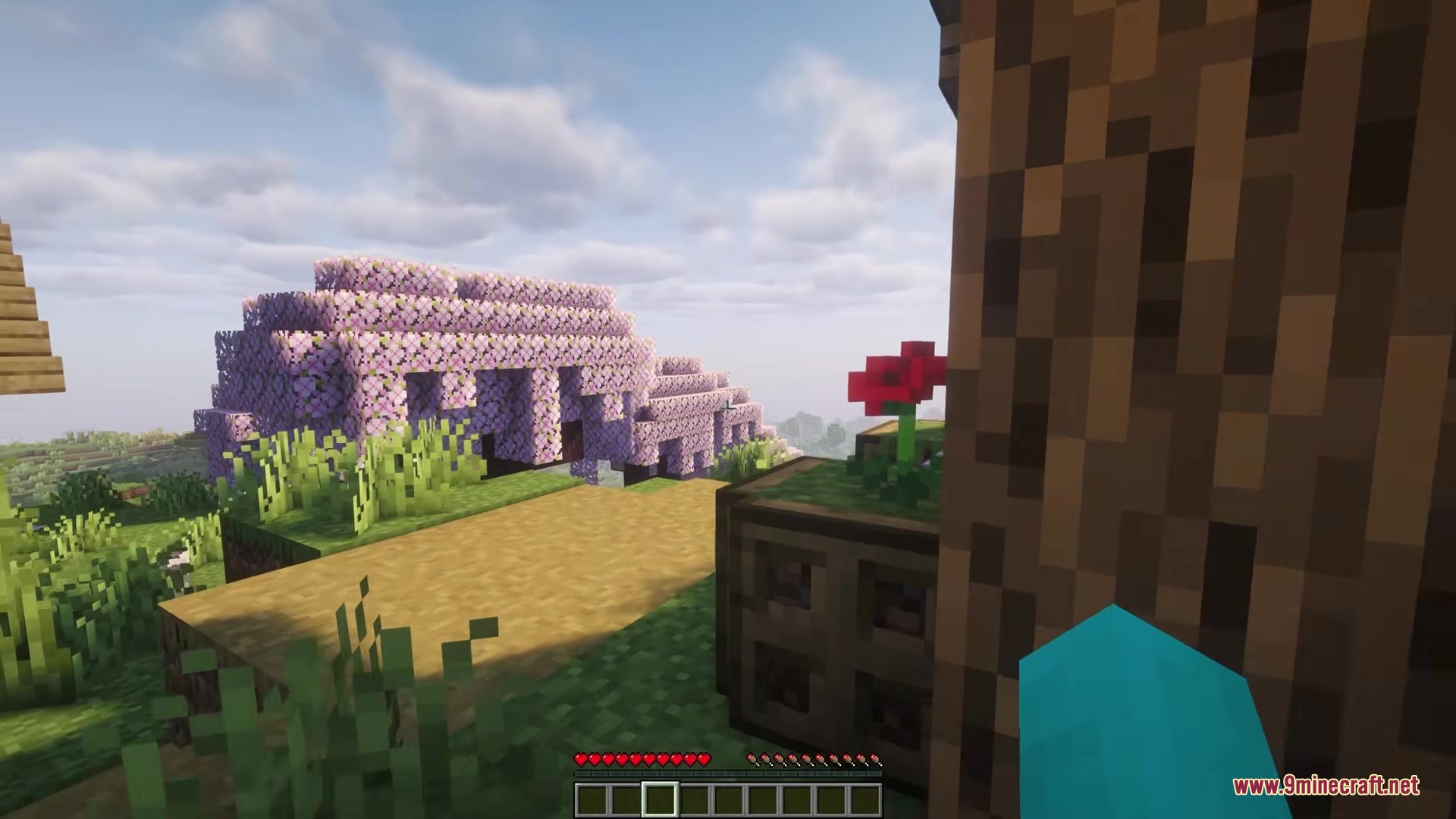 Picker Upper Mod Screenshot 5 A player stands near a red poppy flower and pink cherry trees