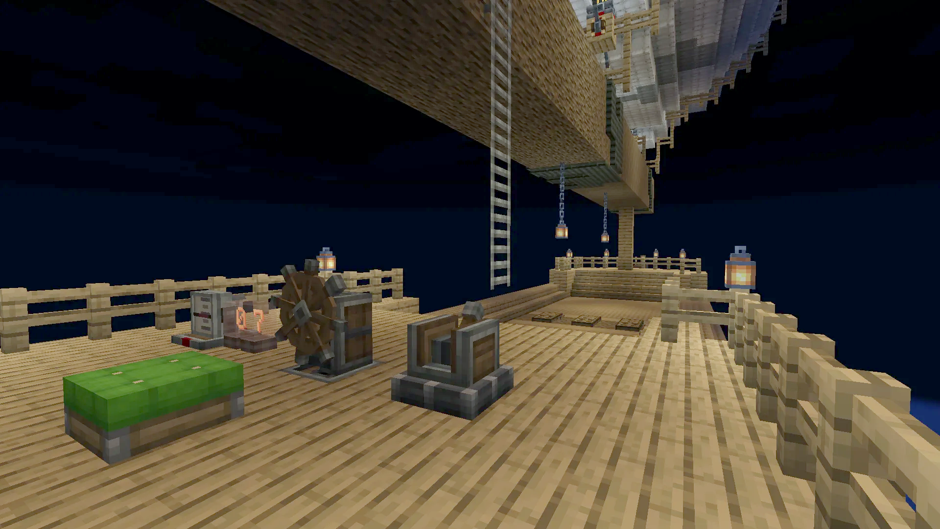 The wooden deck of an airship with a steering wheel and controls