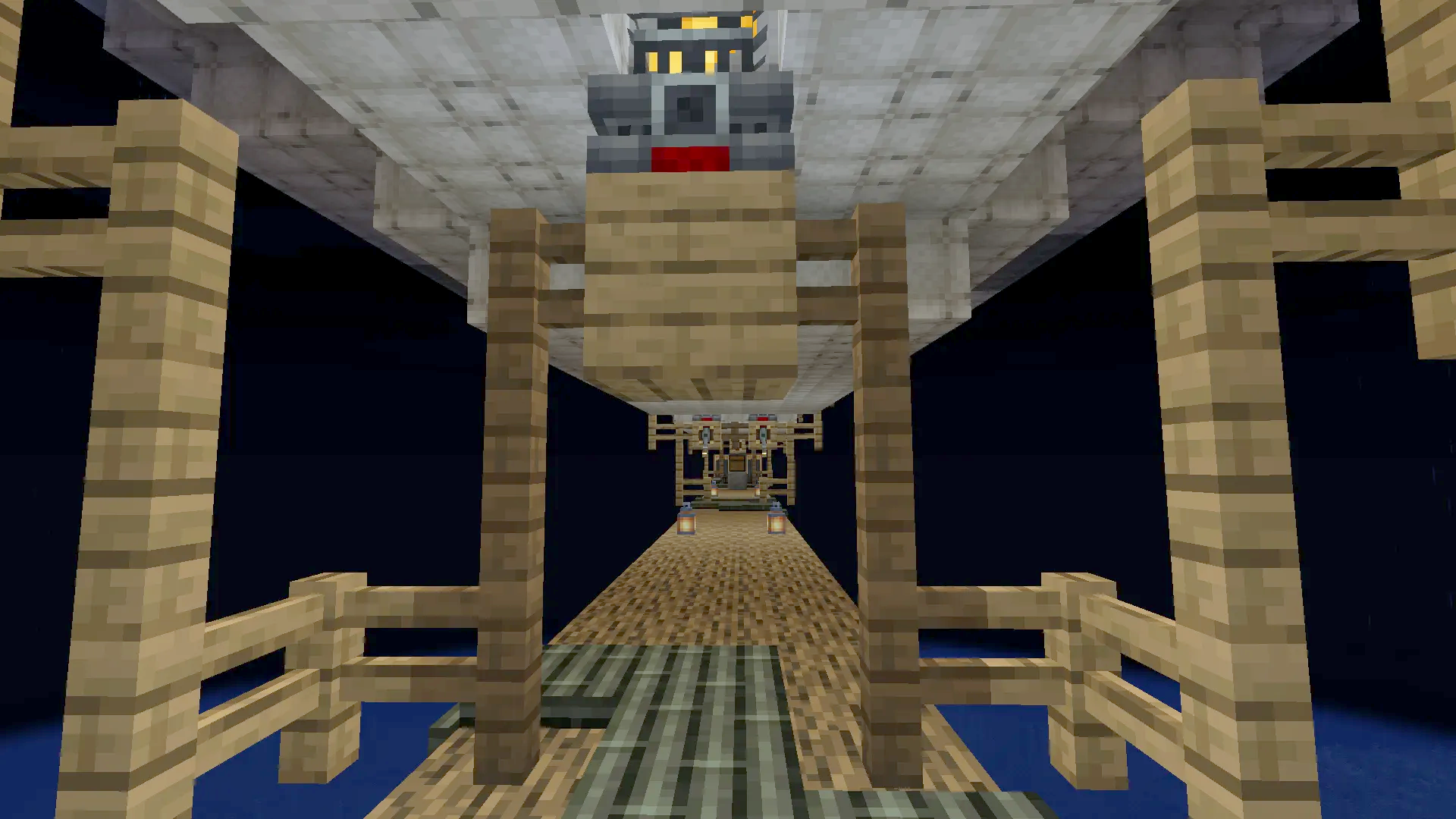 A wooden walkway and machinery located underneath the balloon of a flying airship