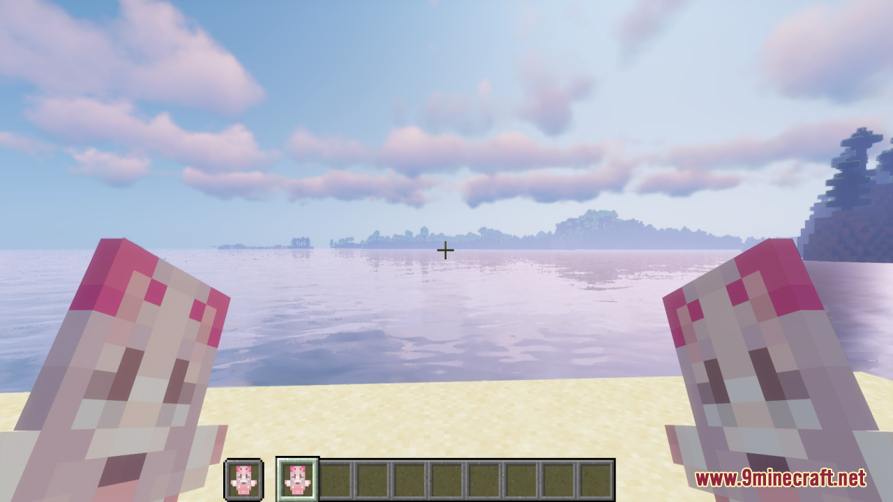 Player holding two pink girlfriend totems while looking at the ocean horizon
