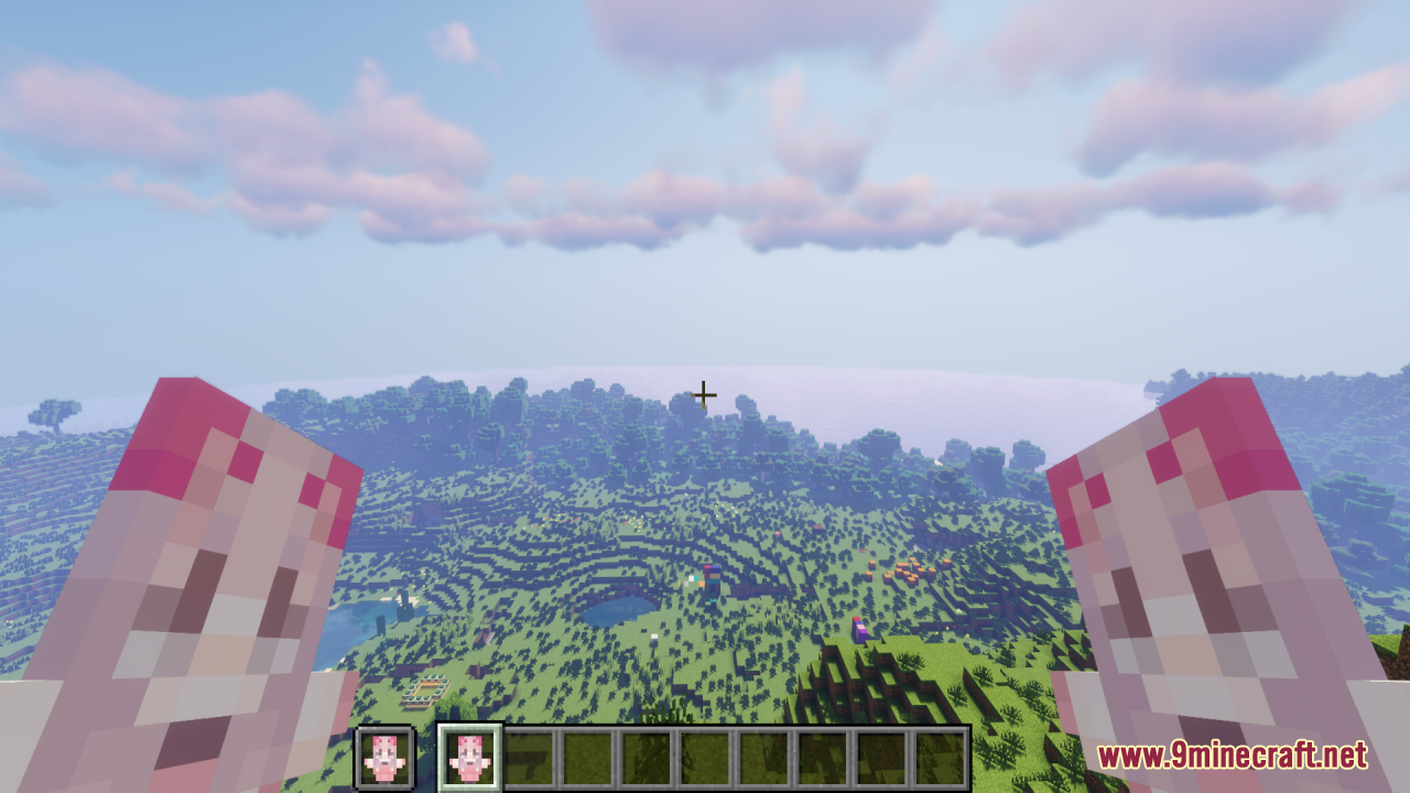 First person view of a player holding two pink totems over a landscape
