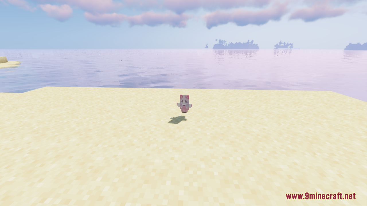 A pink character totem floats above the sand on a sunny beach