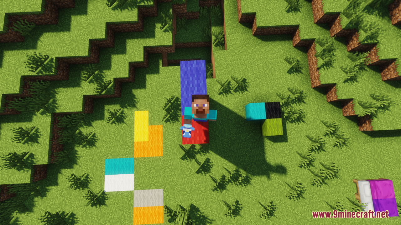 Piplup Totem of Undying Resource Pack Screenshot 2 Top down view of Steve holding a penguin totem on a grassy field