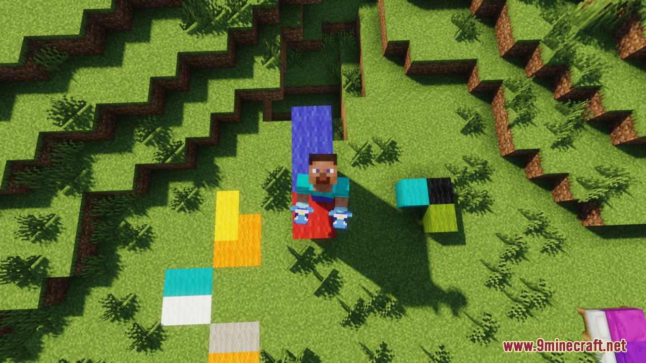 Piplup Totem of Undying Resource Pack Screenshot 3 A player holding two Piplup totems while standing on colorful wool blocks