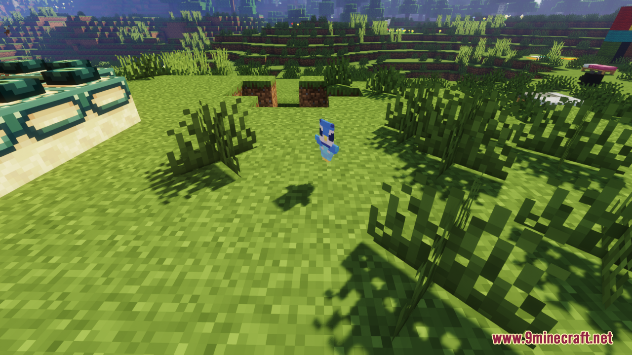 Piplup Totem of Undying Resource Pack Screenshot 7 A small blue penguin standing on a grassy field in Minecraft