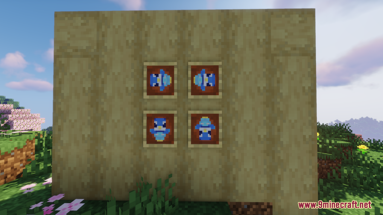 Piplup Totem of Undying Resource Pack Screenshot 8 Four item frames displaying the Piplup Totem of Undying on a wooden wall