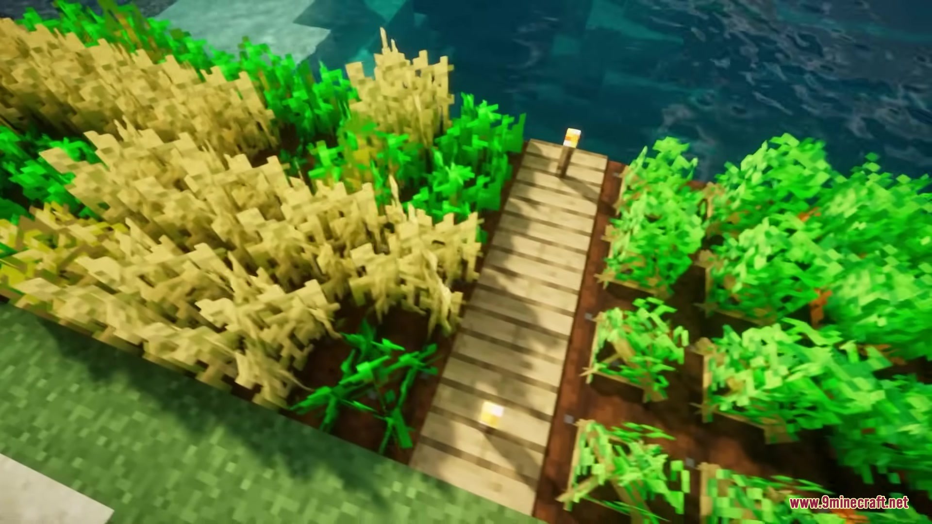 Pixel Consistency Resource Pack Screenshot 1 A vibrant Minecraft farm featuring golden wheat and green crops near water