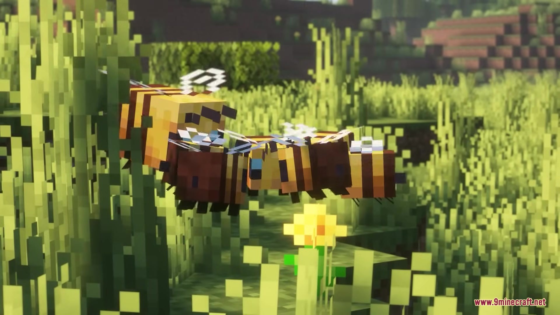Pixel Consistency Resource Pack Screenshot 11 Two Minecraft bees flying near a yellow flower in a grassy field
