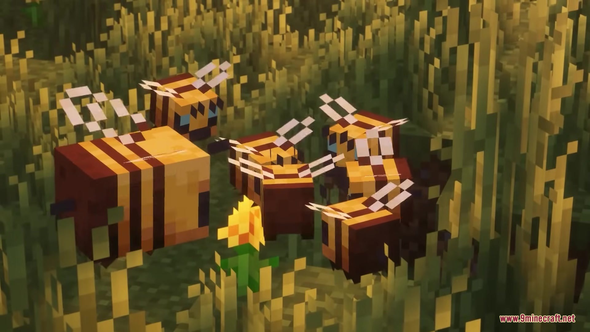 Pixel Consistency Resource Pack Screenshot 12 A group of bees with different sizes gathering around a yellow flower