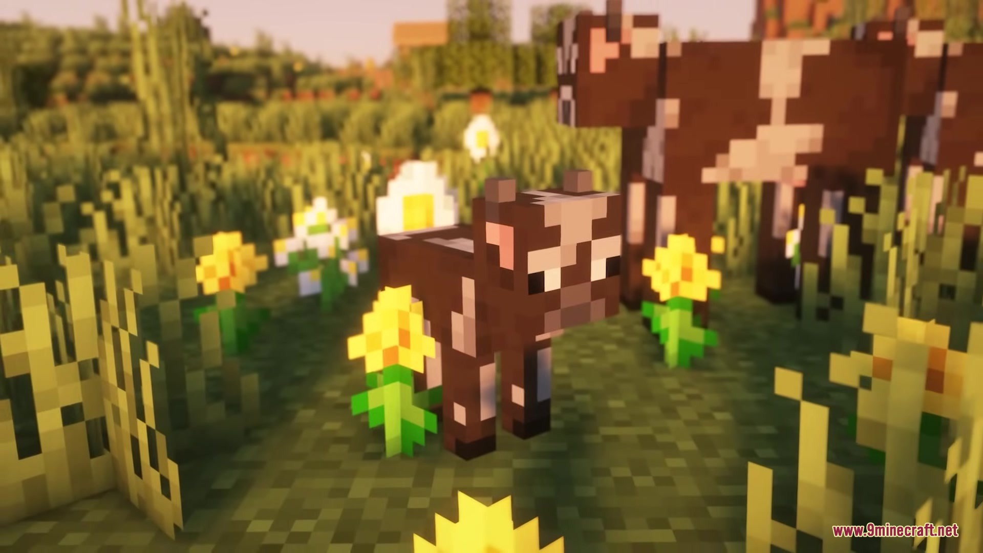 Pixel Consistency Resource Pack Screenshot 13 A baby cow and an adult cow standing in a flowery field