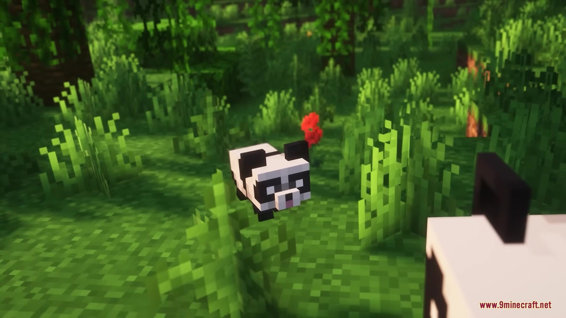Pixel Consistency Resource Pack Screenshot 16 Close up of a baby panda walking in tall grass near flowers