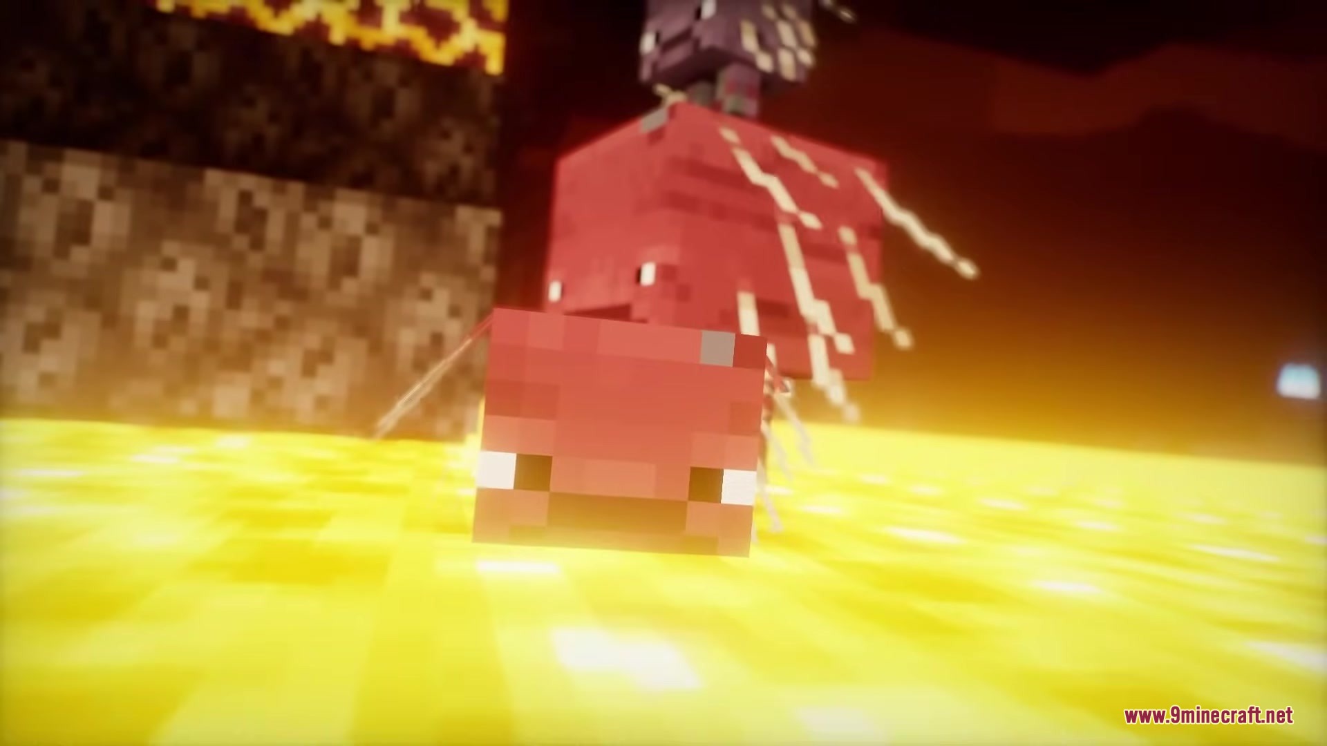 Pixel Consistency Resource Pack Screenshot 17 A baby strider riding on top of an adult strider in the nether
