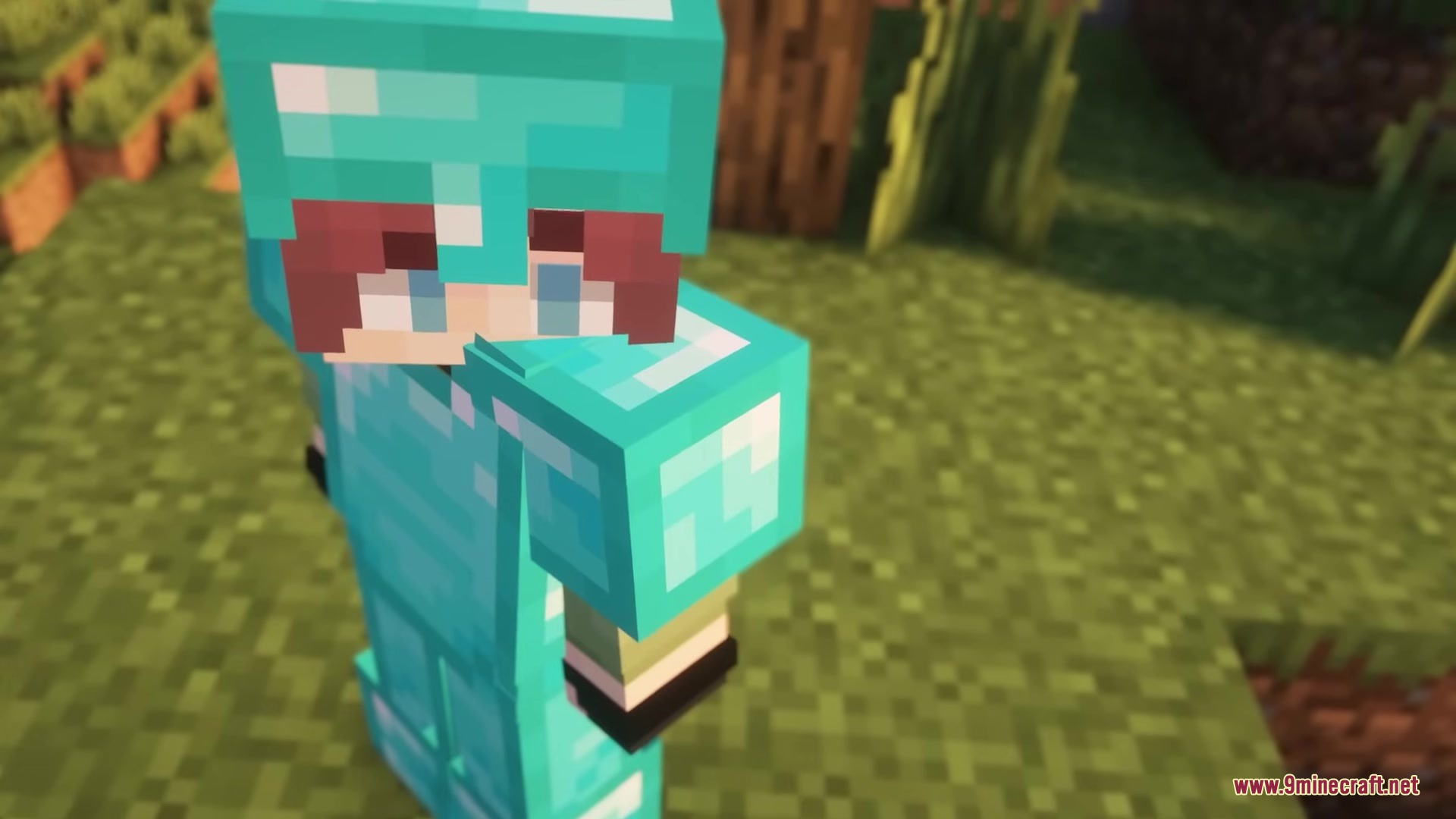 Pixel Consistency Resource Pack Screenshot 18 A player wearing a full set of diamond armor in a forest biome