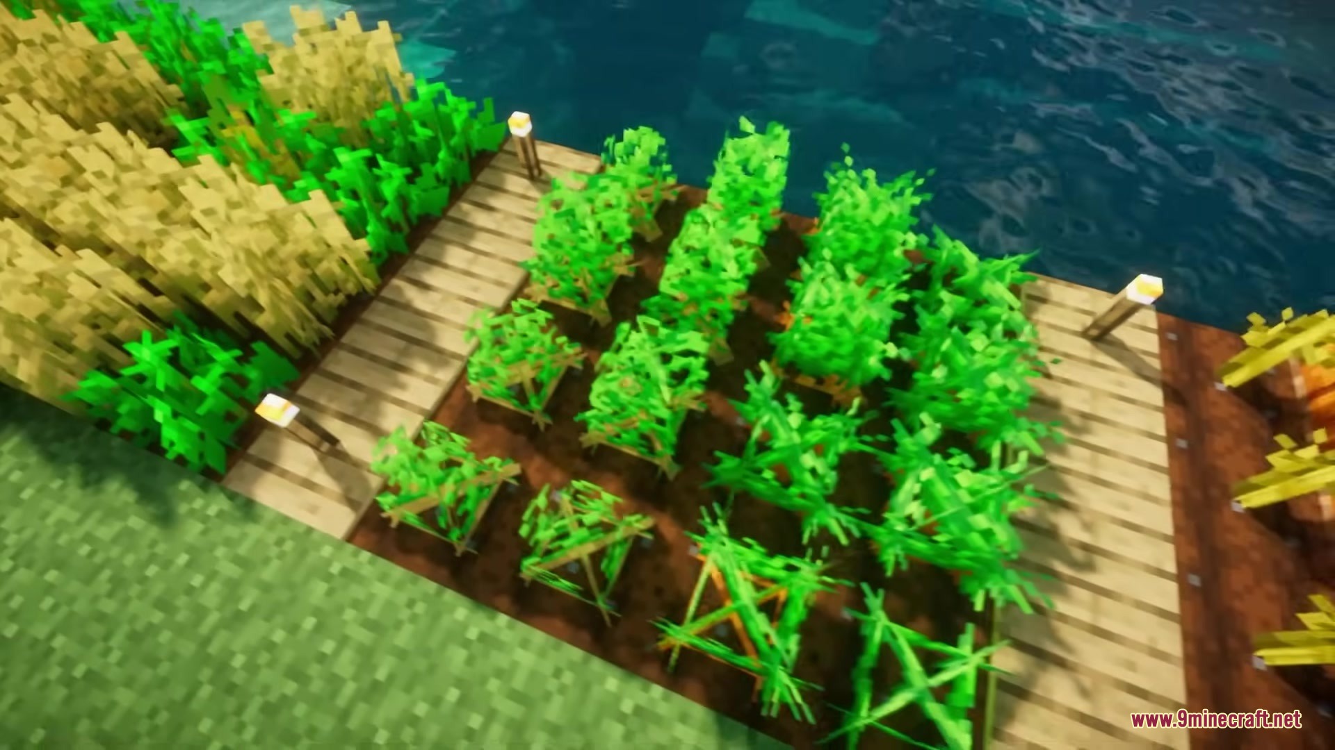 Pixel Consistency Resource Pack Screenshot 2 Green crops growing in a farm plot surrounded by wooden paths and lanterns