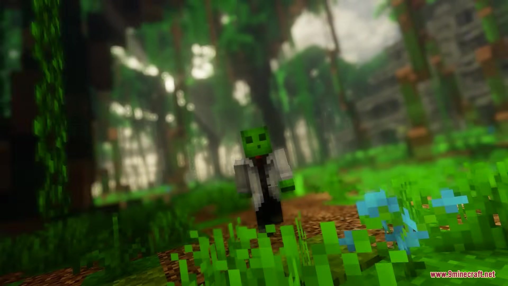 Pixel Consistency Resource Pack Screenshot 3 A slime character wearing a white lab coat standing in a lush jungle