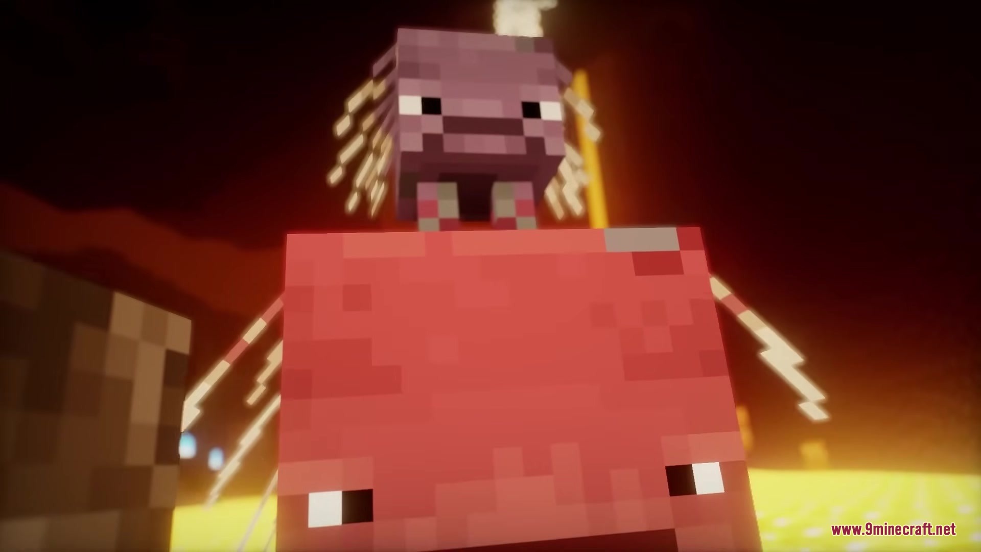 Pixel Consistency Resource Pack Screenshot 5 A purple baby Strider with a custom model sits on a red adult Strider