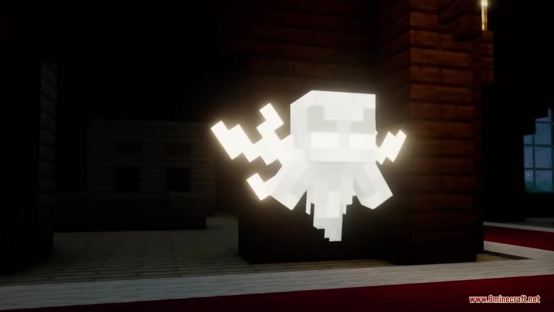 Pixel Consistency Resource Pack Screenshot 8 A glowing white Vex mob floating inside a dark woodland mansion hallway