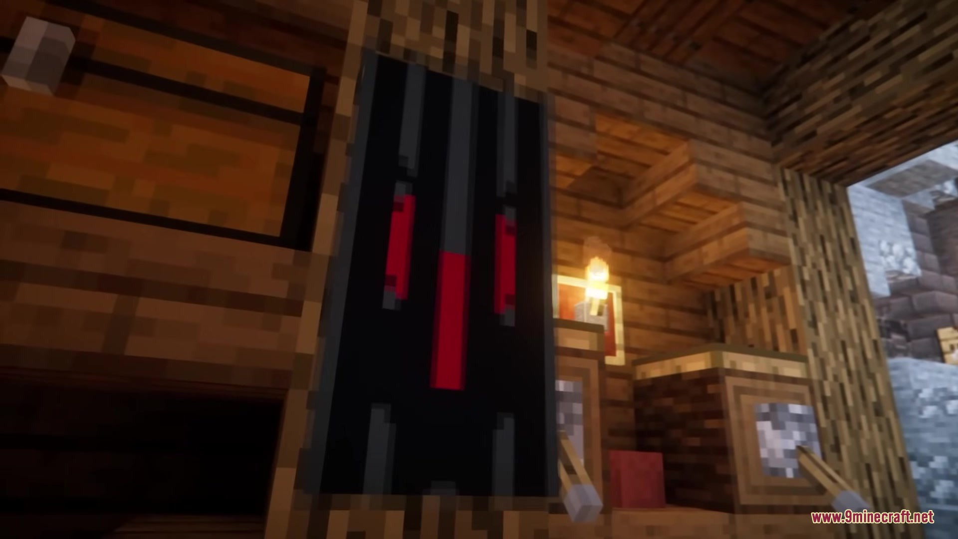 Pixel Consistency Resource Pack Screenshot 9 A black and red banner hanging on a wooden wall inside a house