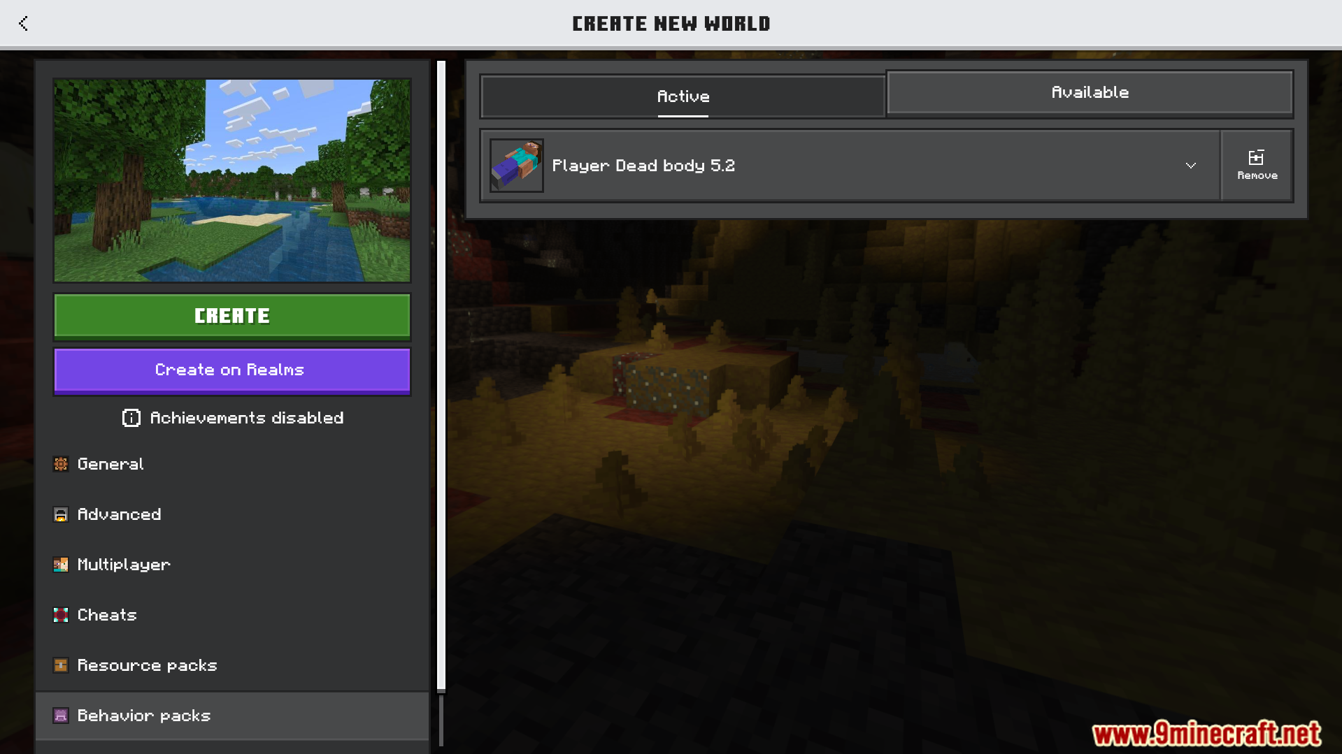 Player Dead Body Addon Screenshot 1 Minecraft world creation screen with the Player Dead body behavior pack active