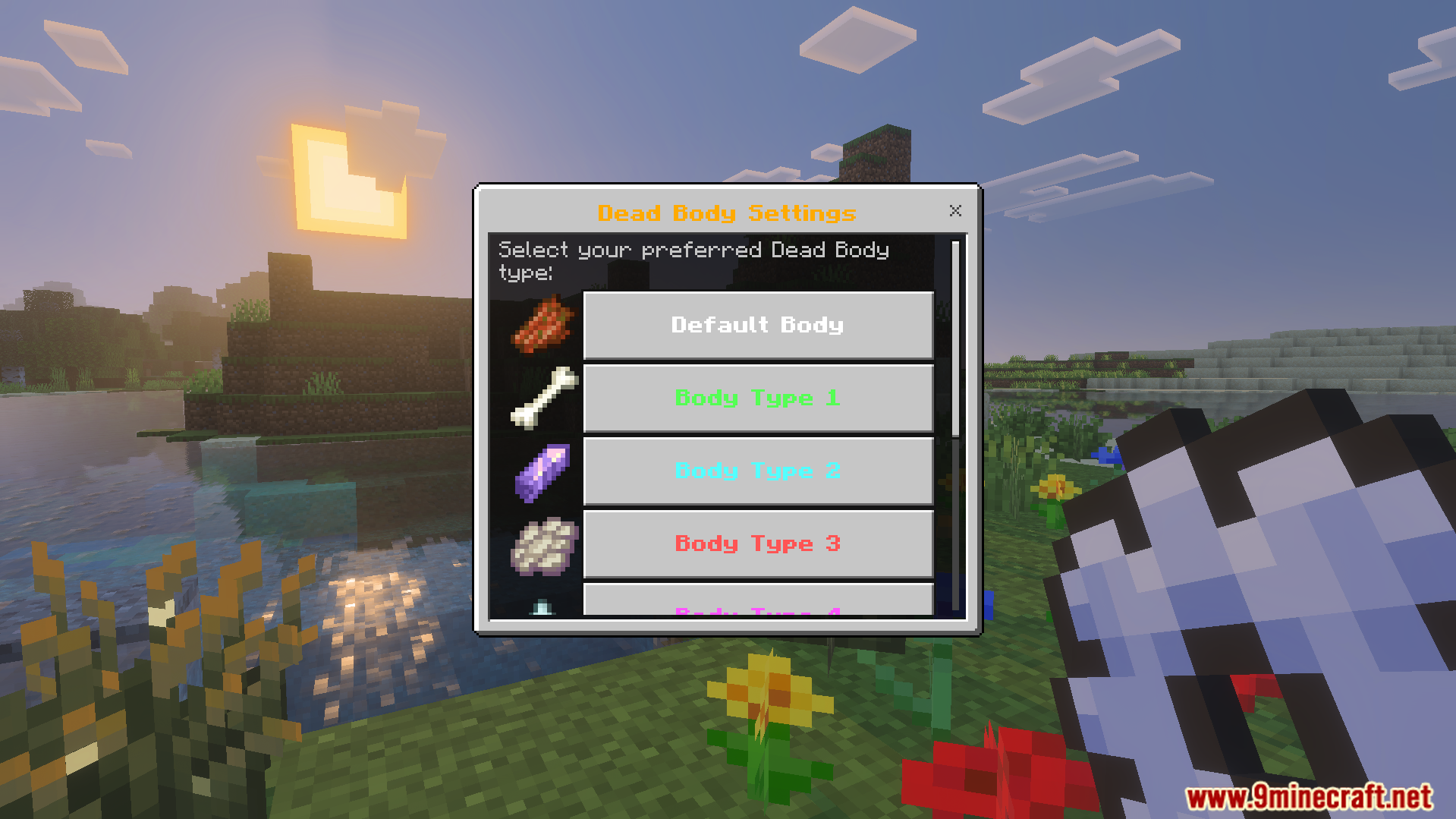 Player Dead Body Addon Screenshot 2 In game menu for choosing preferred dead body types and custom skins