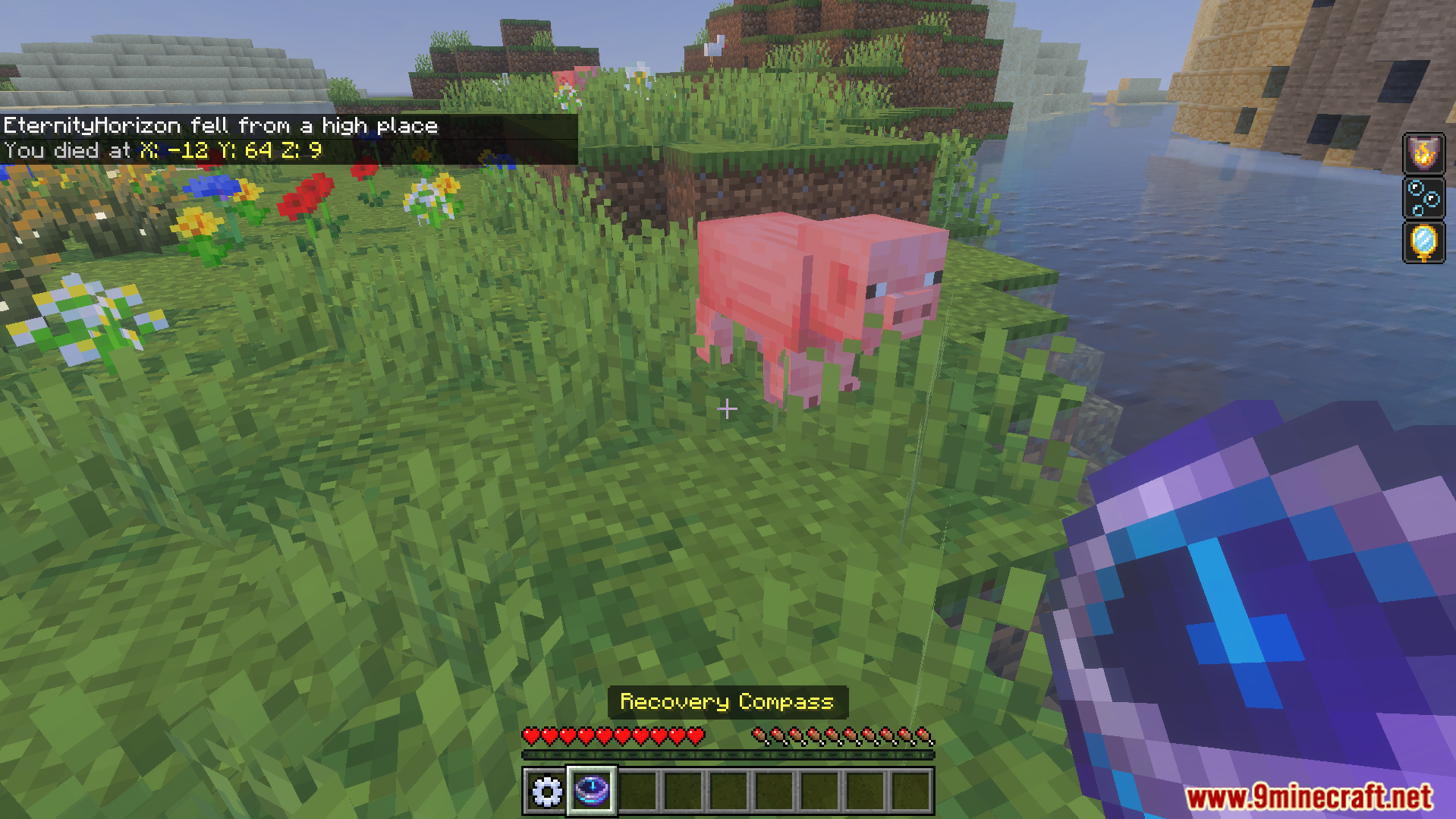 Player Dead Body Addon Screenshot 4 Player holding a recovery compass while death coordinates are shown in the chat