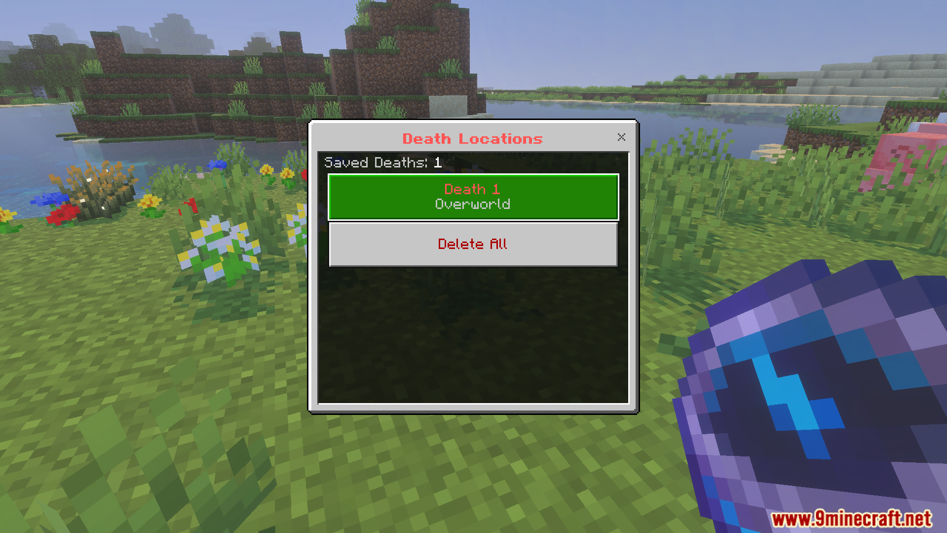 Player Dead Body Addon Screenshot 5 A menu interface showing saved death locations in the Minecraft Overworld dimension