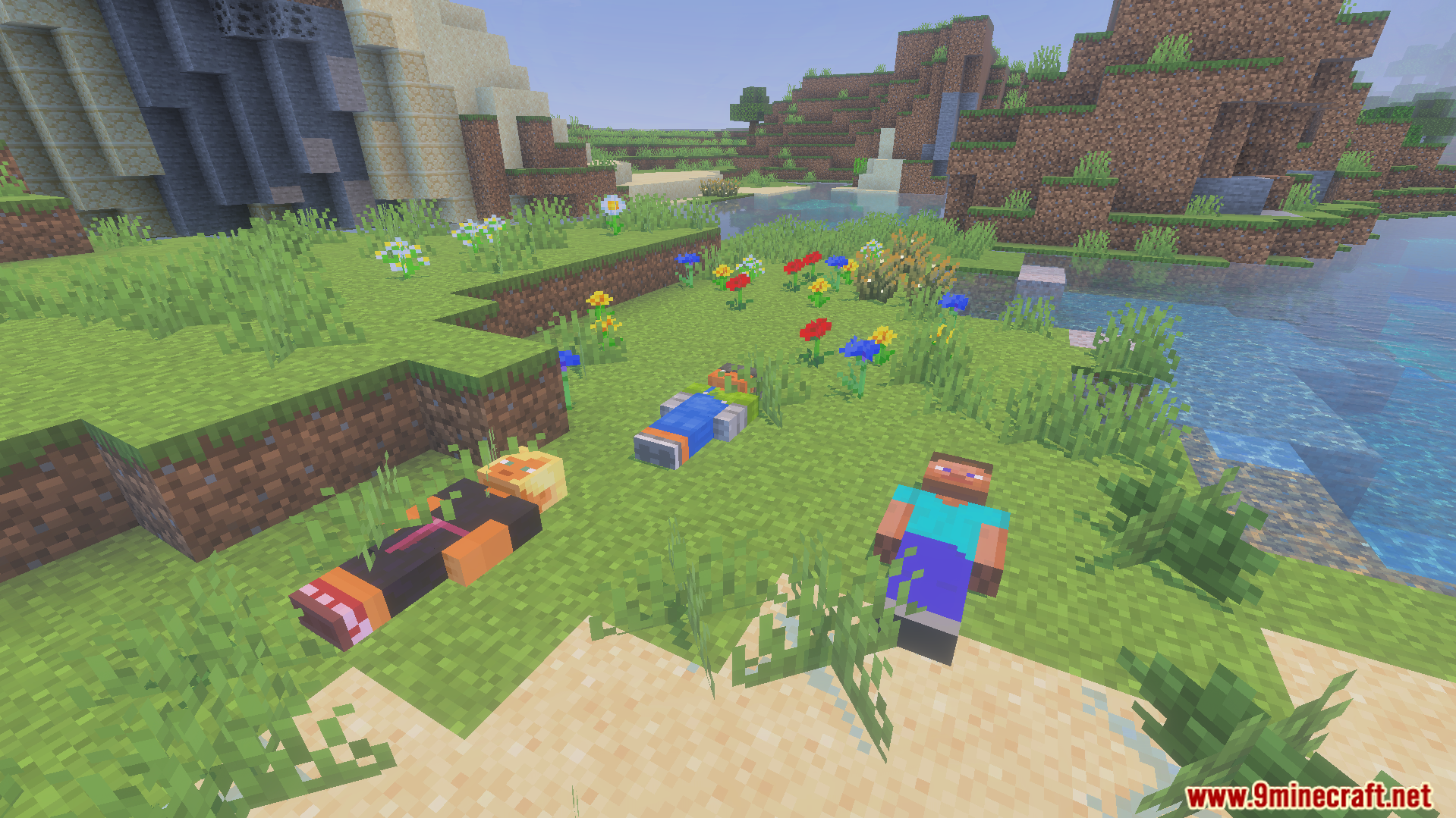 Player Dead Body Addon Screenshot 9 Three Minecraft player characters lying on the grass representing physical bodies after death