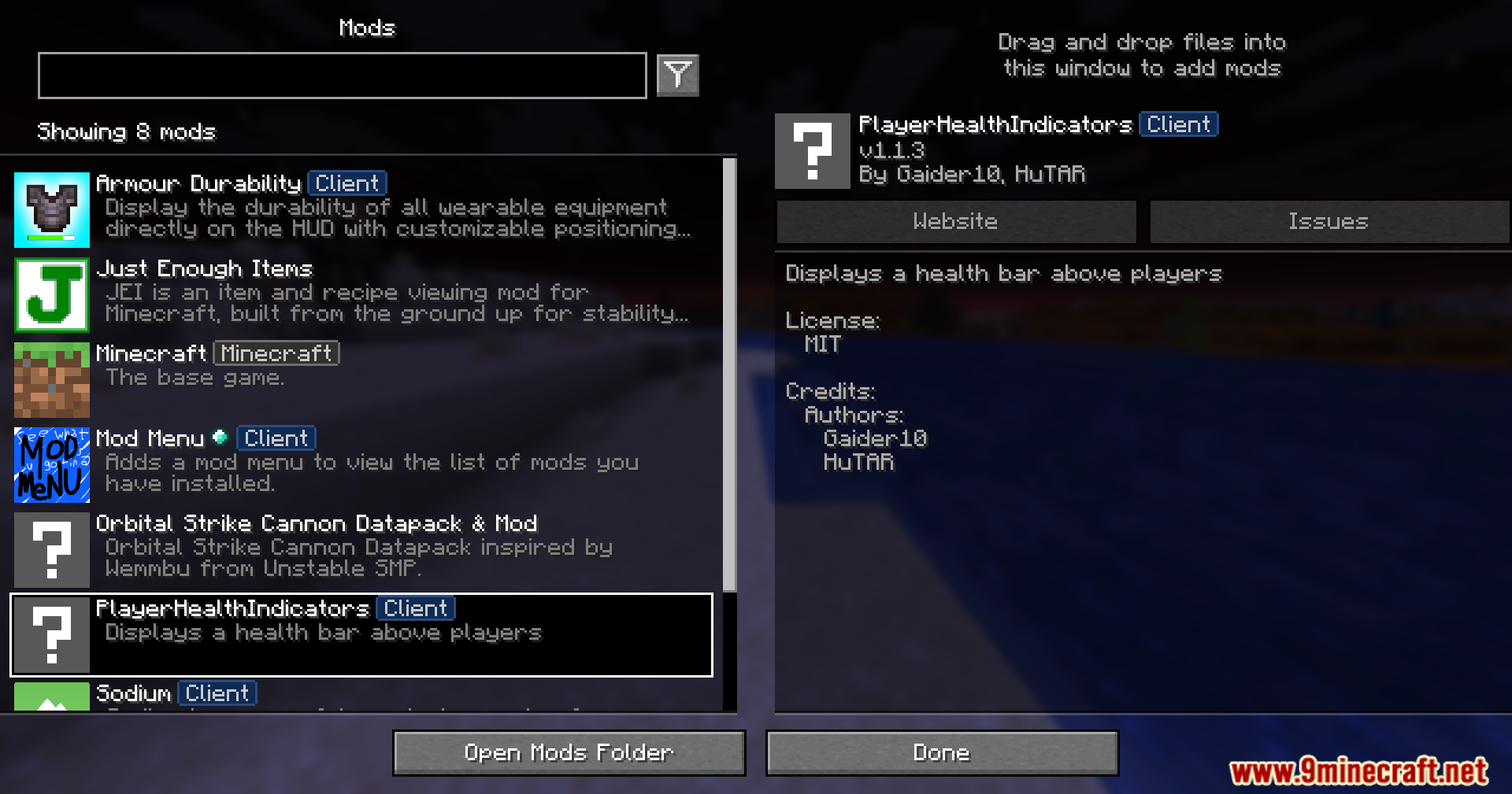Player Health Indicators Invisible Support Mod Screenshot 1 Mod menu interface showing Player Health Indicators mod selected in the list