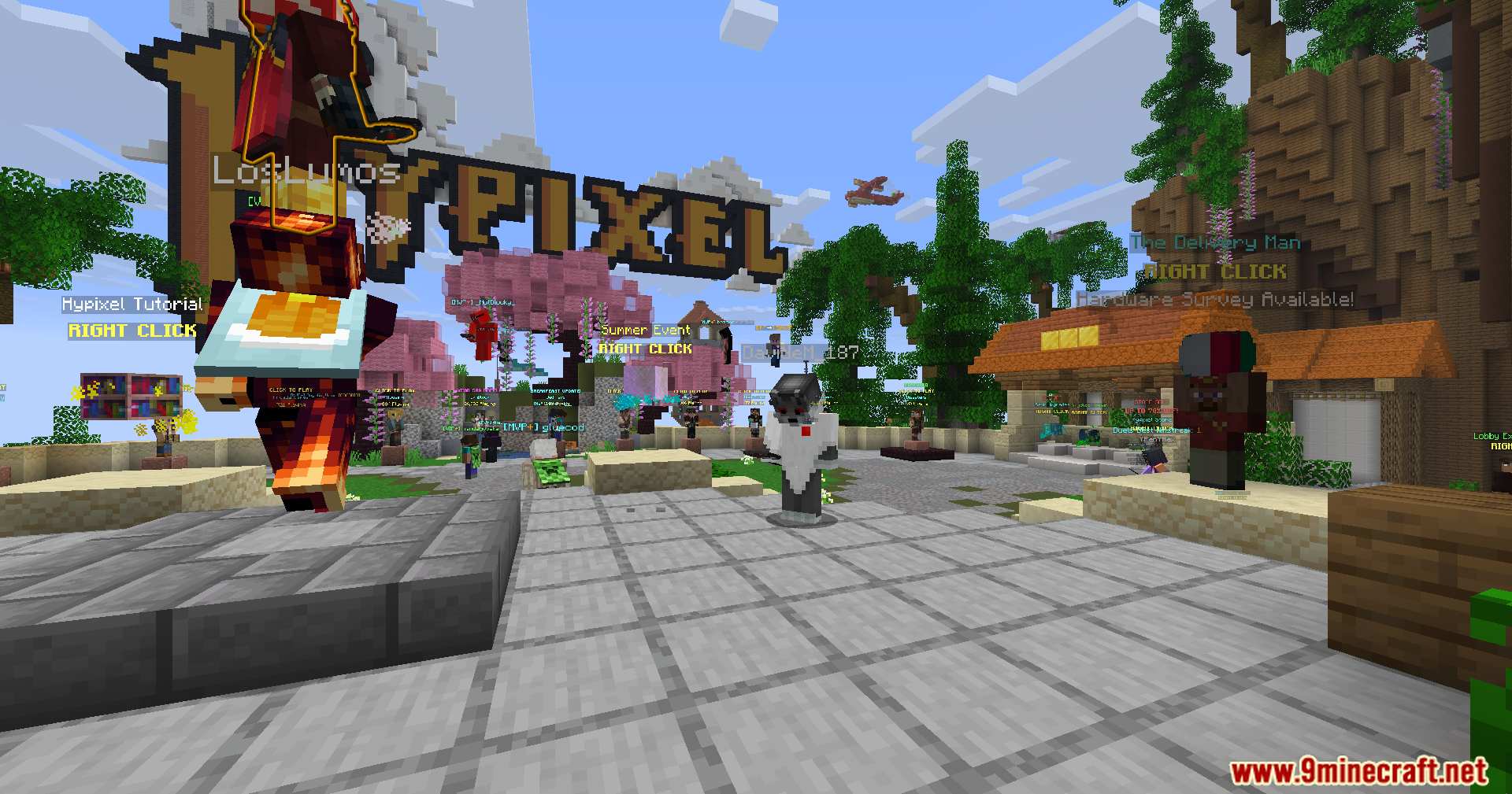 Player Health Indicators Invisible Support Mod Screenshot 4 Minecraft characters gathering in a server hub with health hearts displayed above them