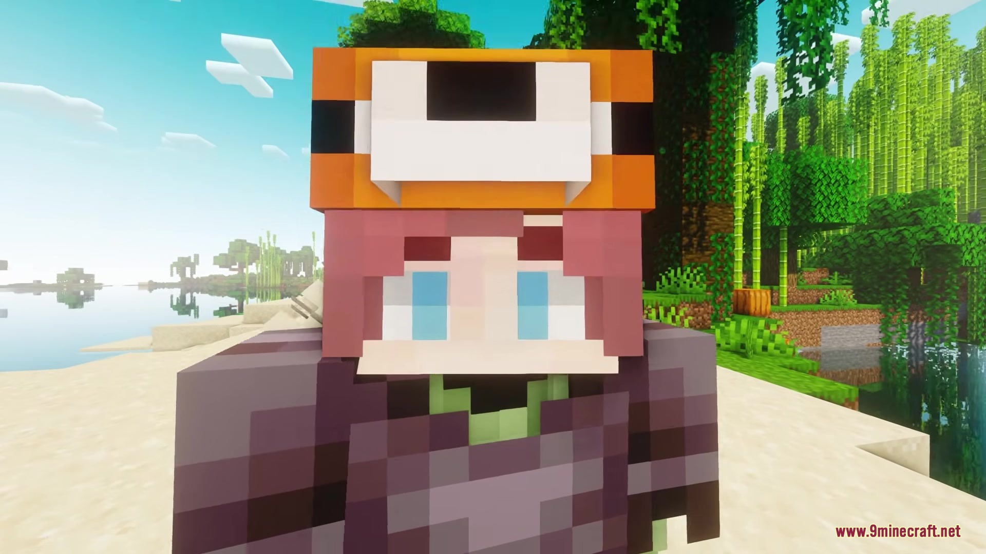 Playereactions Mod Screenshot 1 Minecraft character with pink hair and blue eyes showing natural facial expressions