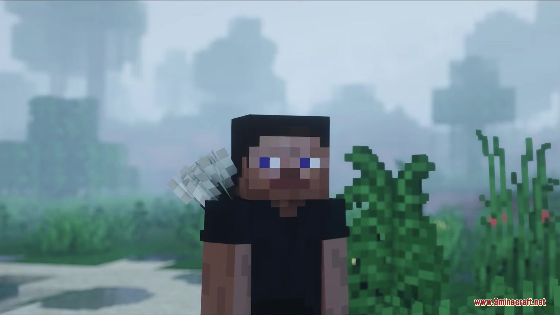 Playereactions Mod Screenshot 2 Steve character with a quiver of arrows showing a focused facial expression