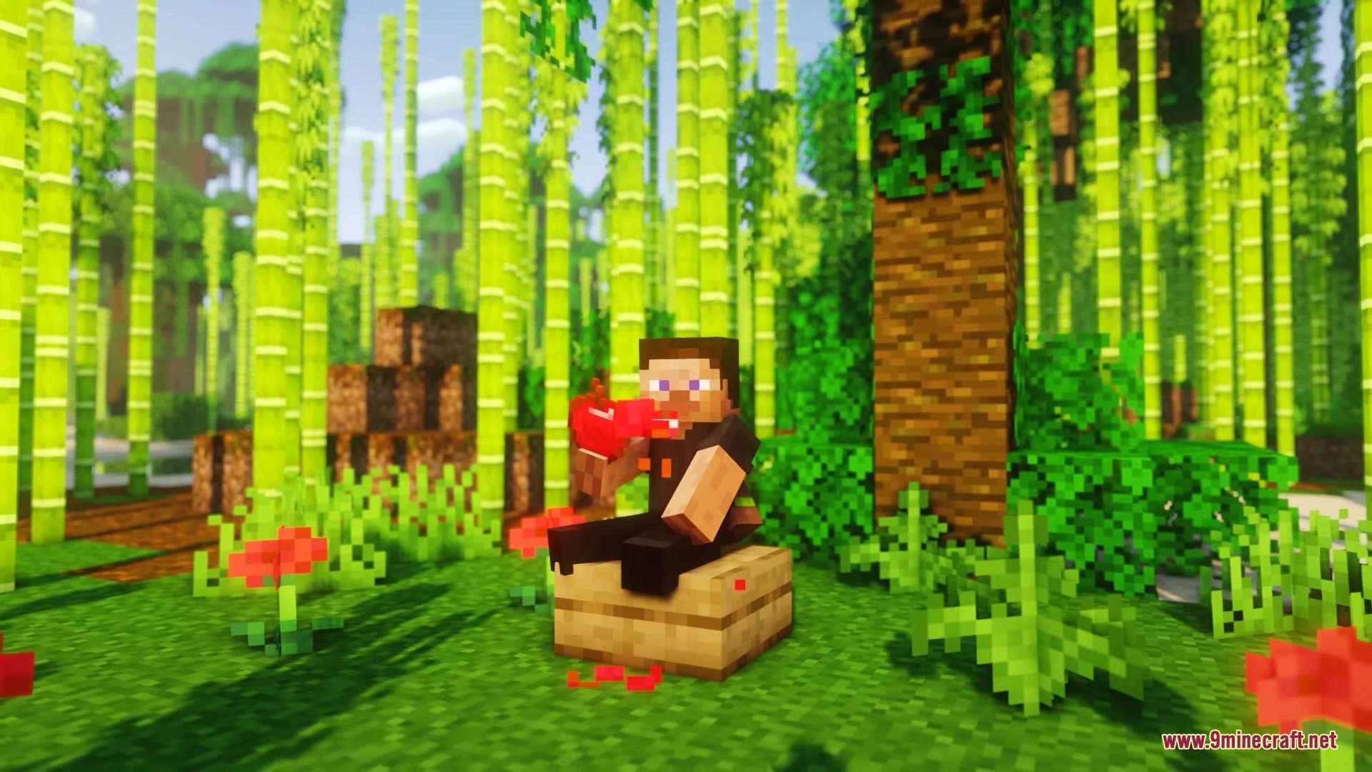 Playereactions Mod Screenshot 3 A Minecraft character sitting in a bamboo forest while eating a red apple