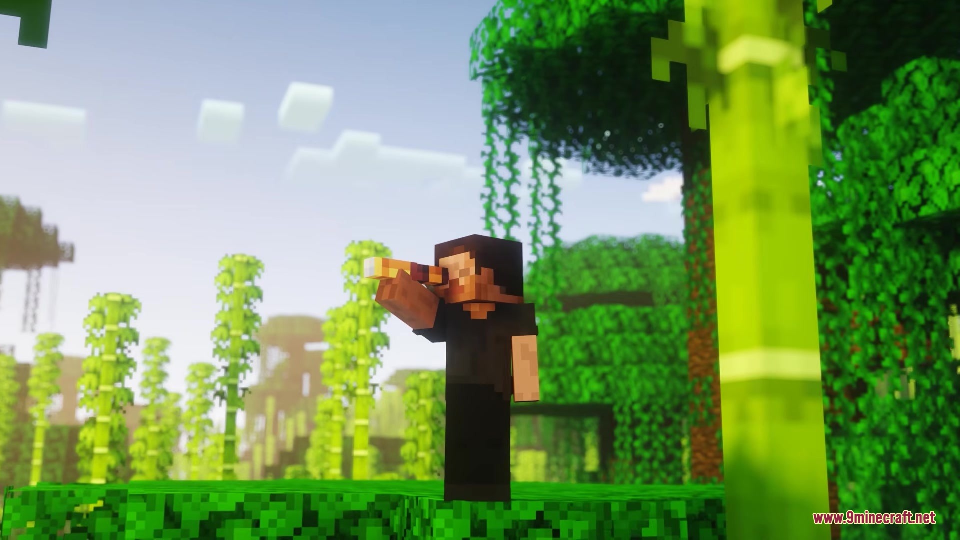 Playereactions Mod Screenshot 6 Player using a spyglass with one eye closed in a dense green jungle