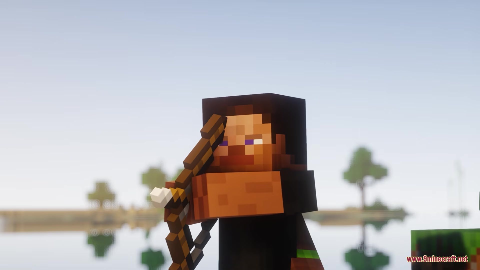 Playereactions Mod Screenshot 7 A Minecraft player aiming a bow with a realistic squinting facial expression