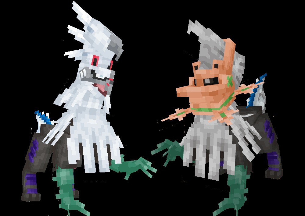 Two custom Silvally models with unique masks standing in a dark void area