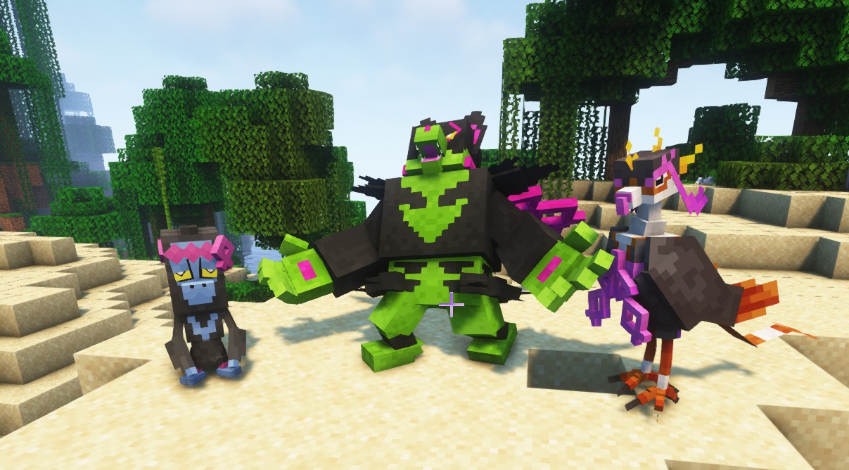 Three colorful legendary monsters standing on a sandy beach near a lush jungle