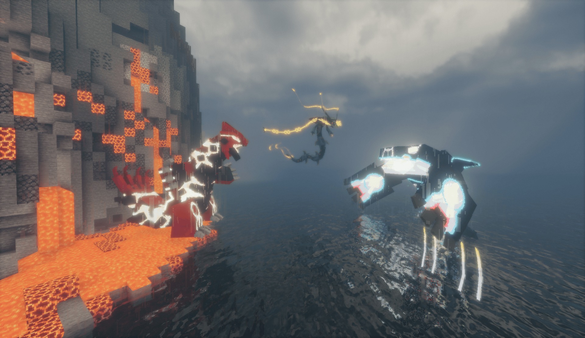 Primal Groudon and Kyogre face off while Mega Rayquaza flies above them