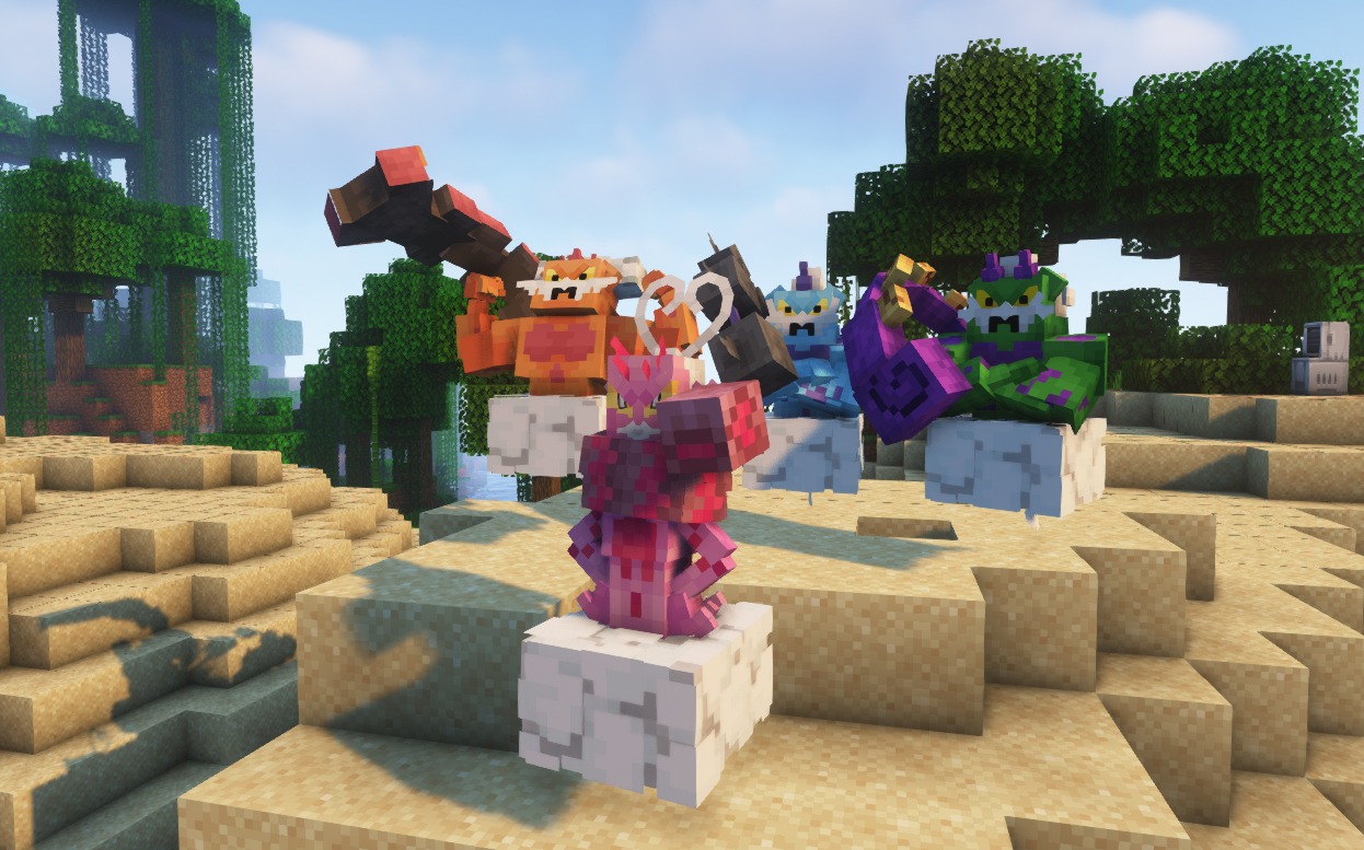 The Forces of Nature legendaries stand on clouds in a lush jungle biome