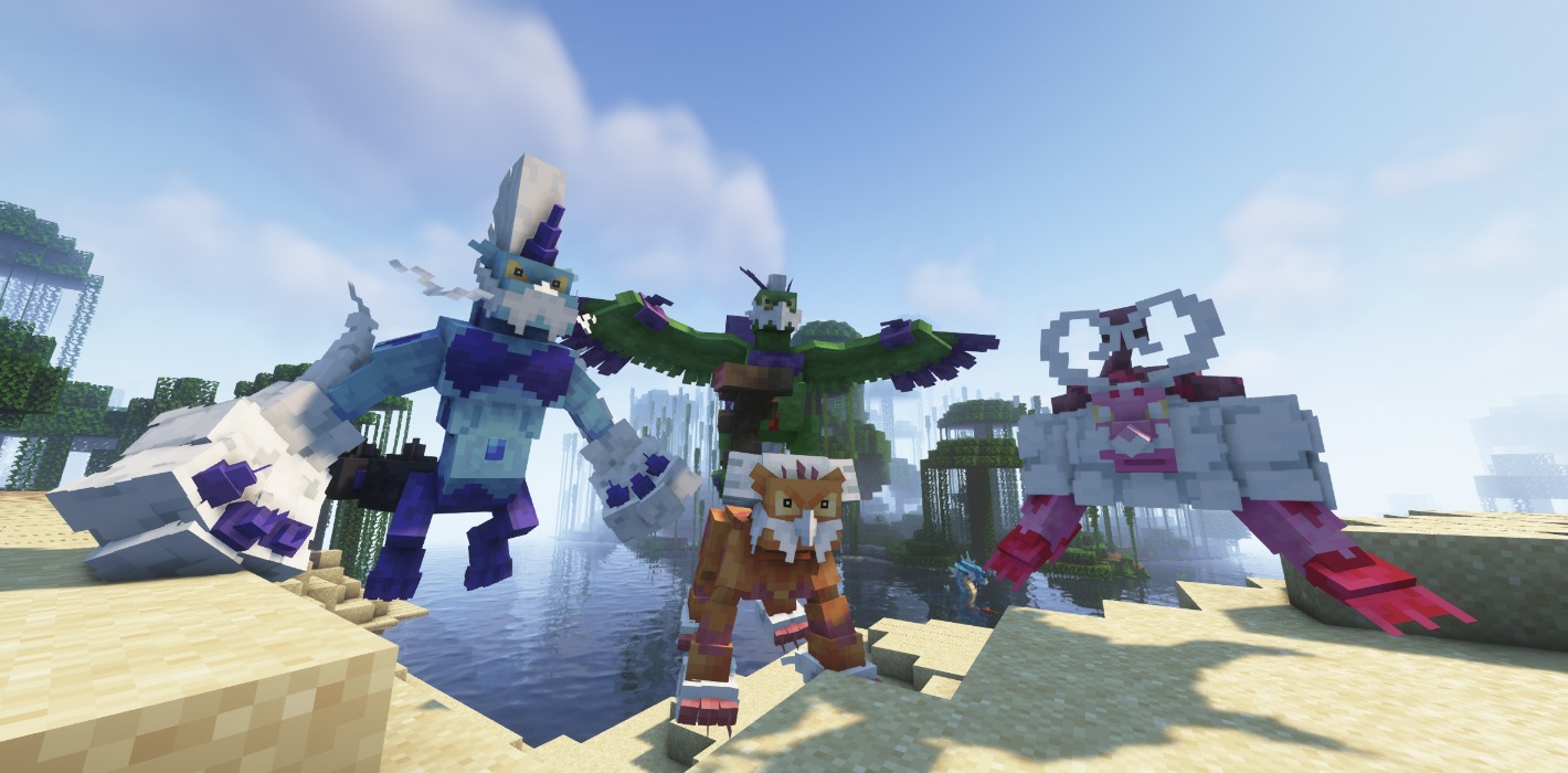 Four legendary Forces of Nature creatures posing together in a lush Minecraft biome