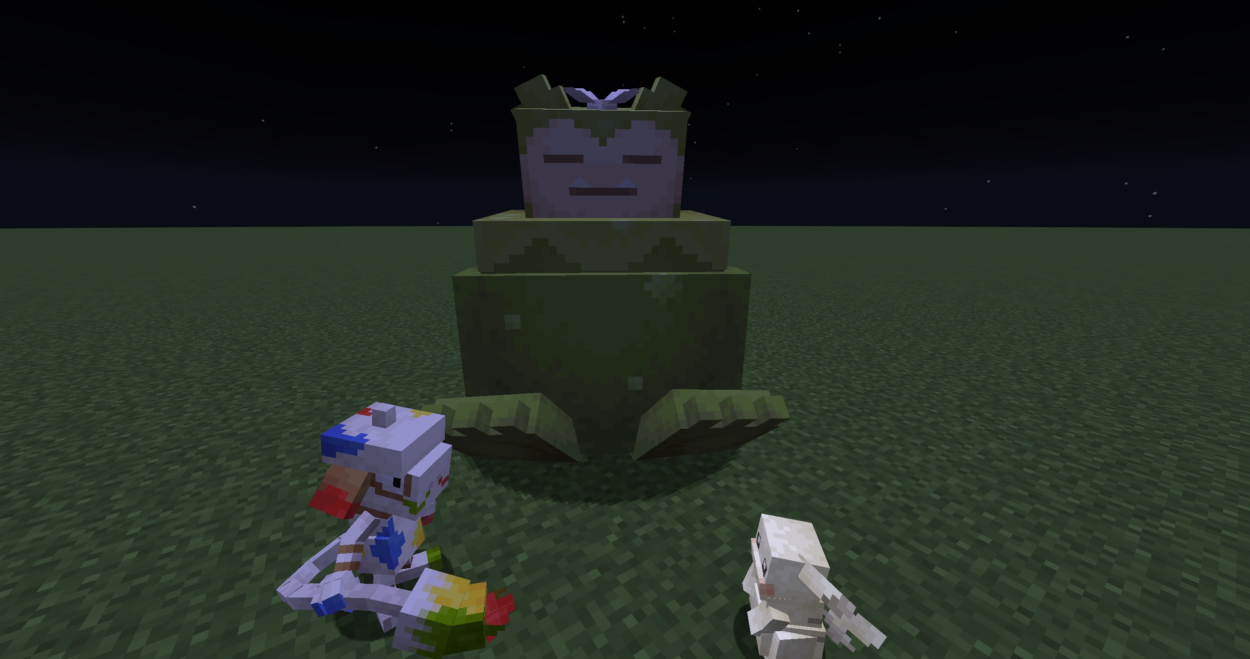 Pokopia Cosmetic Forms Data Pack Screenshot 1 Mosslax Smearguru and Peakychu standing together in a flat Minecraft world