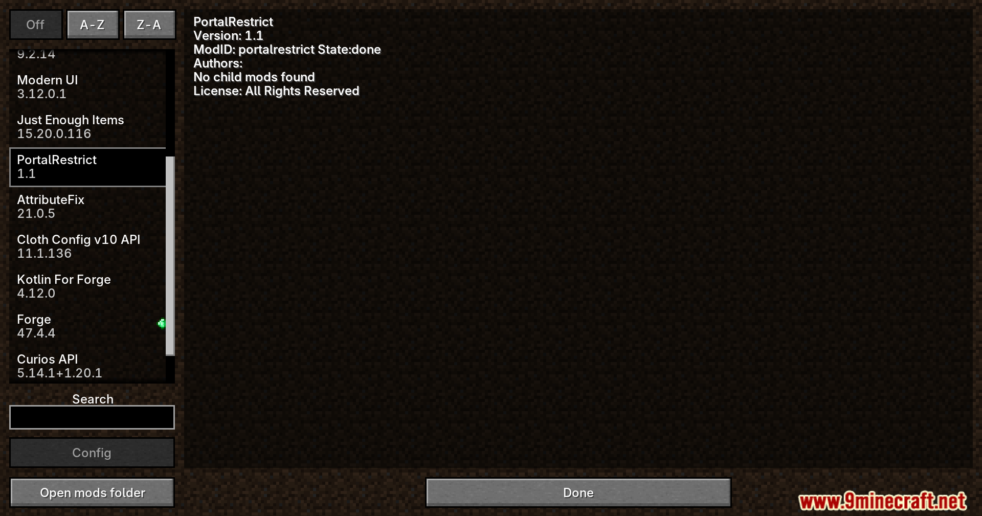Portal Restrict Mod Screenshot 1 A list of installed Minecraft mods with PortalRestrict selected in the menu