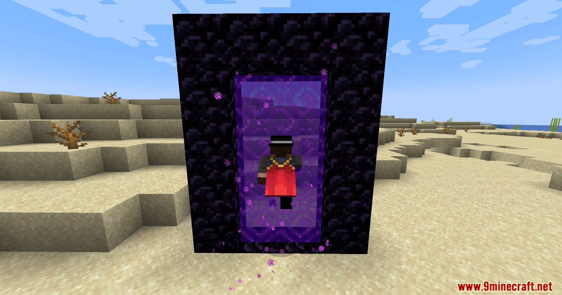 Portal Restrict Mod Screenshot 10 Minecraft player with a red cape standing inside a purple Nether portal