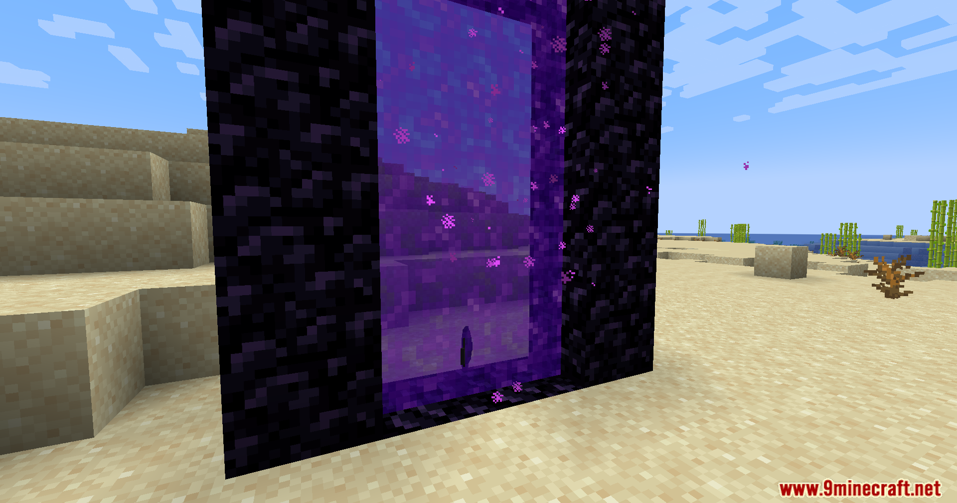 Portal Restrict Mod Screenshot 3 A Nether portal in a desert with a floating item used for access