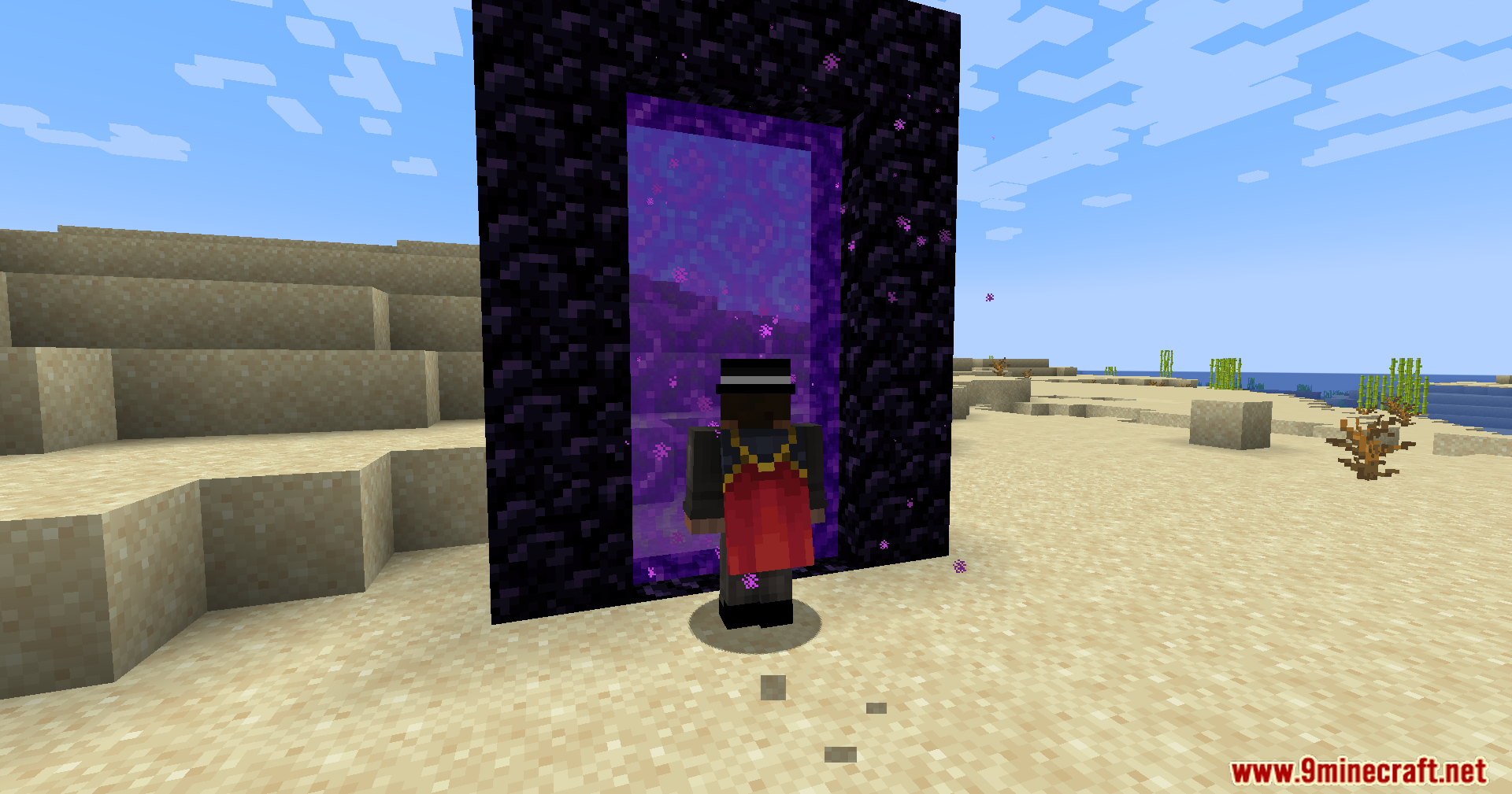 Portal Restrict Mod Screenshot 4 A player character stands before a Nether portal in a vast desert biome