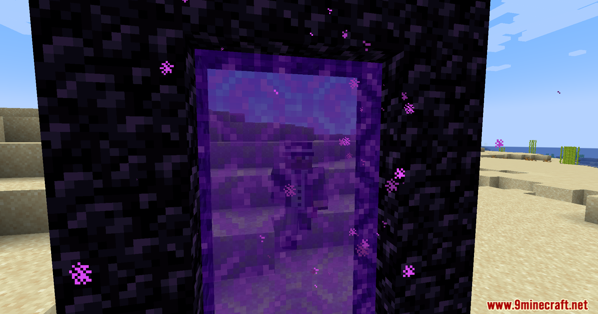 Portal Restrict Mod Screenshot 5 A player character standing behind a translucent purple Nether portal on the beach
