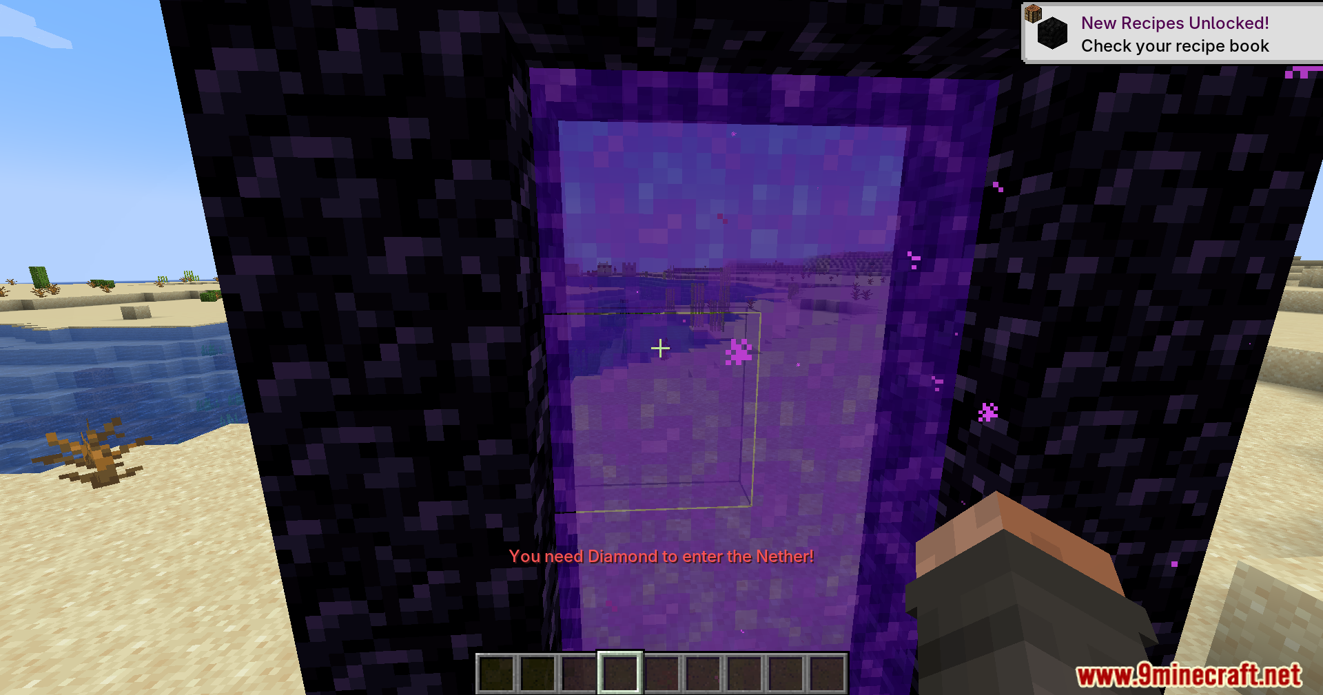 Portal Restrict Mod Screenshot 7 First person view of a Nether portal requiring a diamond to enter